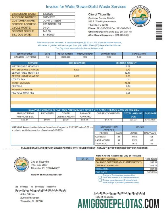 Para baixar modelo de conta de serviços públicos da cidade de Titusville, Flórida, EUA, em formato Word e PDF (.doc e .pdf)